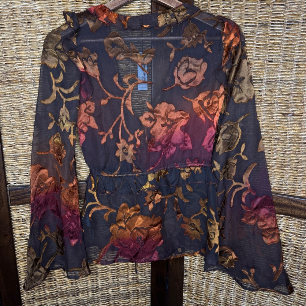 Floral Burnout Velvet Sheer Peplum Ruffle Blouse Bell Sleeve Whimsigoth Grunge 4 - Picture 6 of 6